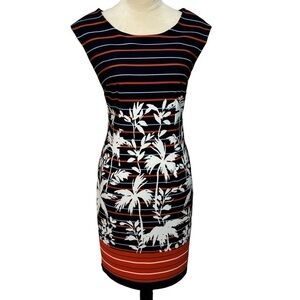 Jessica Rose Blue Orange Striped Island Print Cap Sleeve Bodycon Dress Size 6